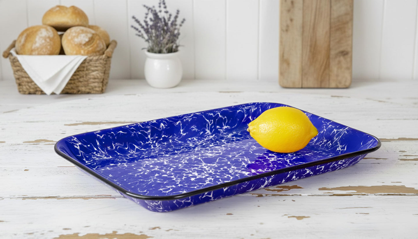 Red Co. 13.5” x 10” Enamelware Metal Classic 1.6-Quart Rectangular Serving Tray, Navy Blue Marble/Black Rim – Splatter Design