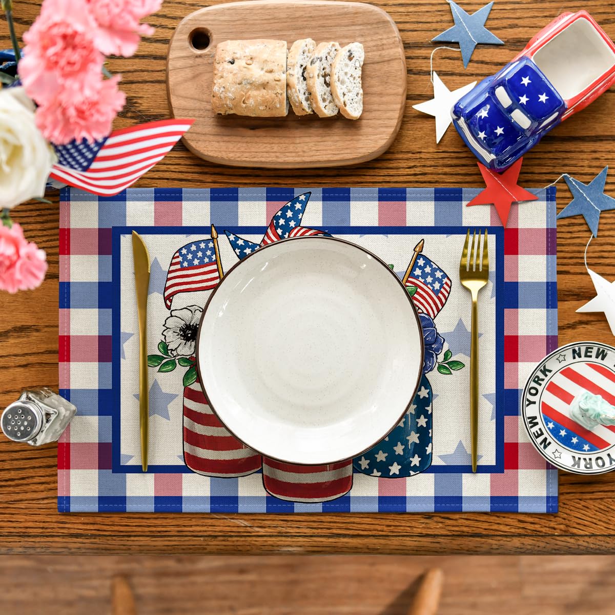 Artoid Mode Buffalo Plaid Vases Flowers 4th of July Placemats Set of 4, 12x18 Inch Seasonal Holiday Table Mats for Party Kitchen Dining Decoration