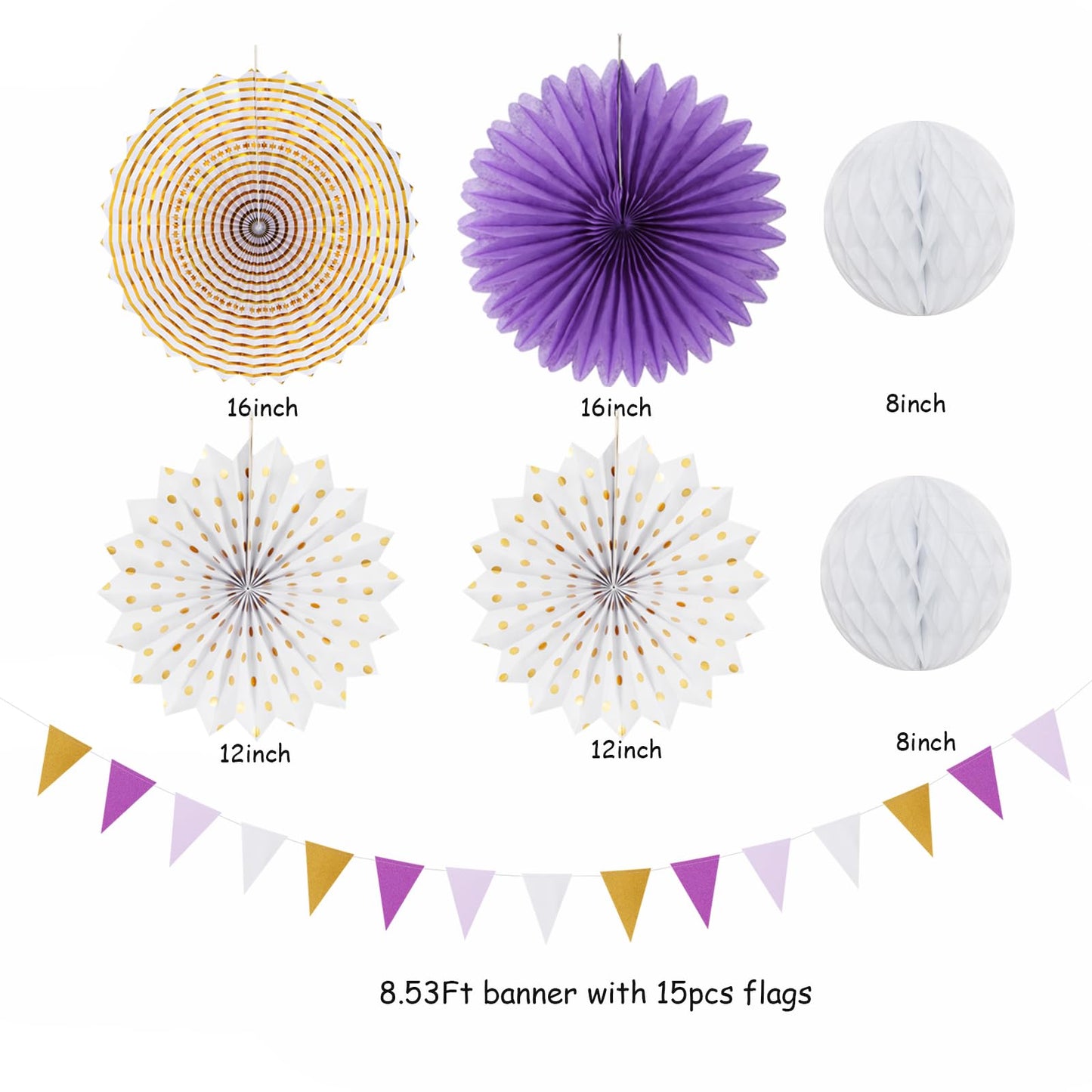 Purple-Lavender White Gold Party Decorations - 20pcs Graduation Birthday Paper Lanterns Fans,Tissue Pom Poms,Honeycomb Balls,Baby Shower Bridal Wedding Bachelorette Valentines Day Decor Burgleda