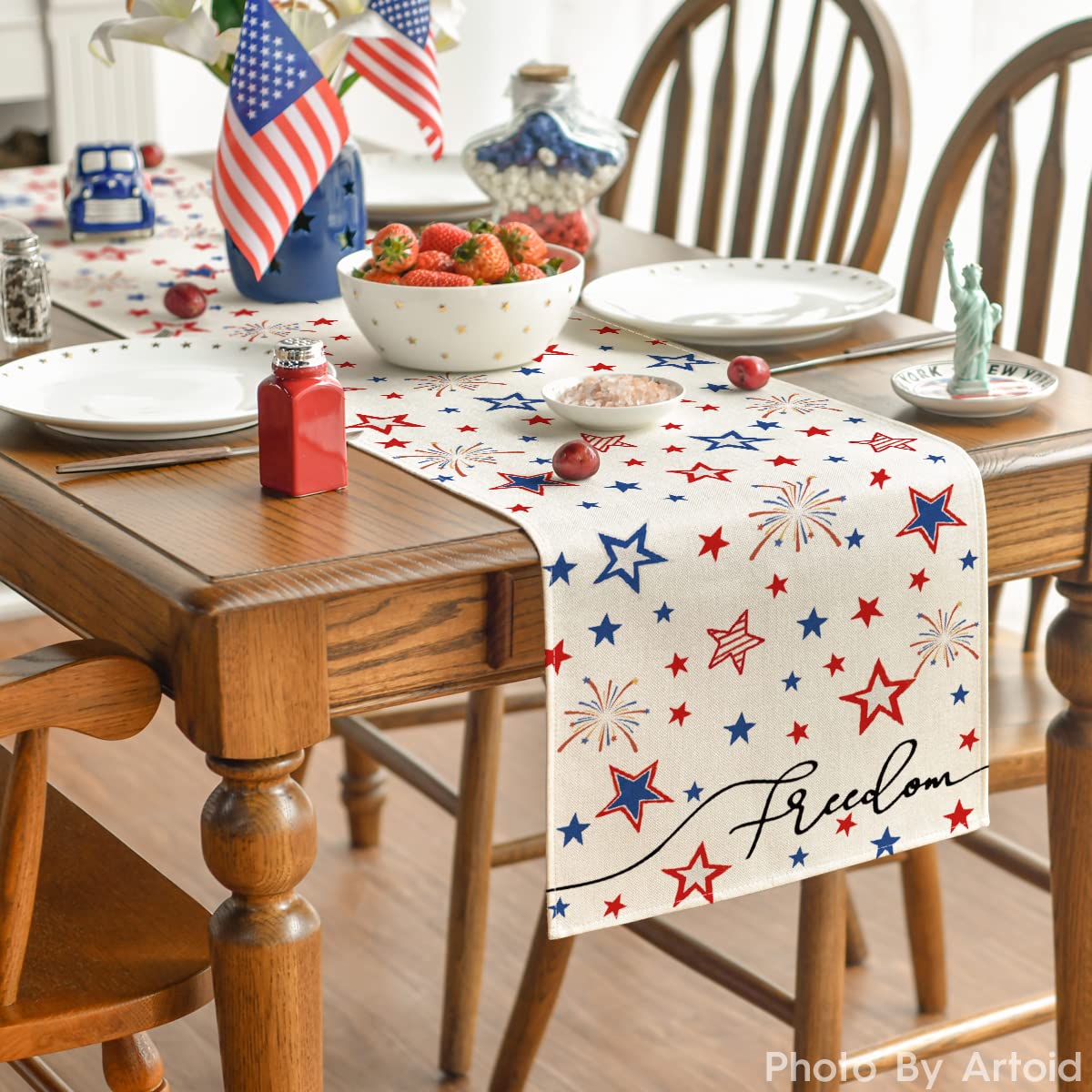 Artoid Mode Patriotic Freedom Stars 4th of July Table Runner, Memorial Day Holiday Kitchen Dining Table Decor for Indoor Outdoor Home Party Decoration 13 x 72 Inch
