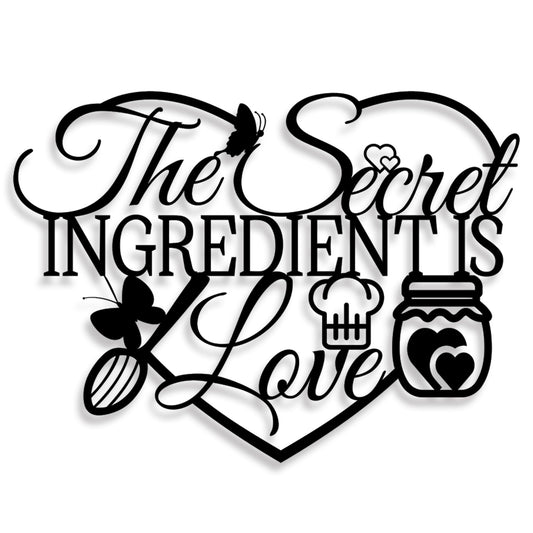 The Secret Ingredient Is Love Metal Wall Art Sign, Black Kitchen Signs Wall Decor, Farmhouse Dining Room Decorations, Housewarming Gift for Mom, Wife, Couples (Black)