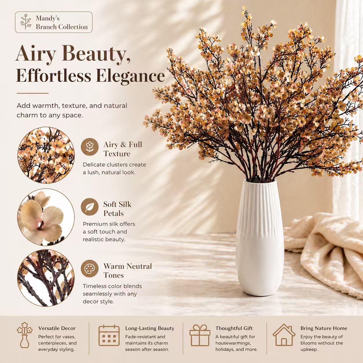 Mandy's Light Brown Artificial Baby’s Breath Flowers 6 Bundles Silk Gypsophila, 18.5 Inch European Style Modern Home Decor Centerpiece, Neutral Wedding Flower Arrangements