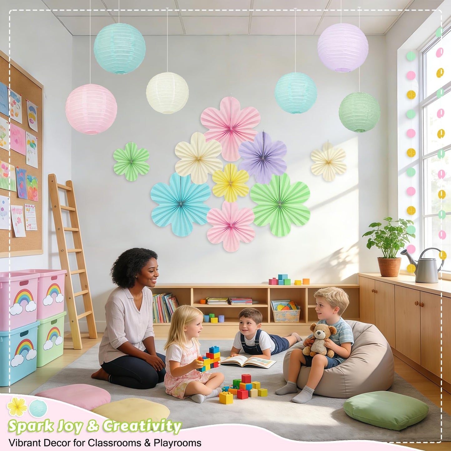 Spring Hanging Decorations - 20Pcs Pastel Party Decorations | Paper Lanterns & Flower Fans Set with Glitter Garland for Pastel Classroom Decor, Office, Baby Shower, Wedding & Easter Wall Decor
