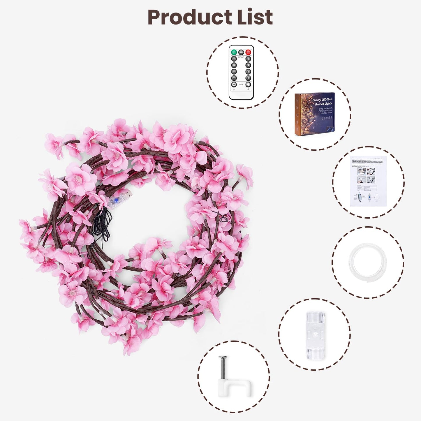 Cherry LED Tree Branch Lights for Wall, Cherry Blossom Willow Vine Twig Decor Garland with 48 LED Lights and Remote,8 Lighting Modes,Christmas Decorations Indoor for Home Wall Door Window (47inch)