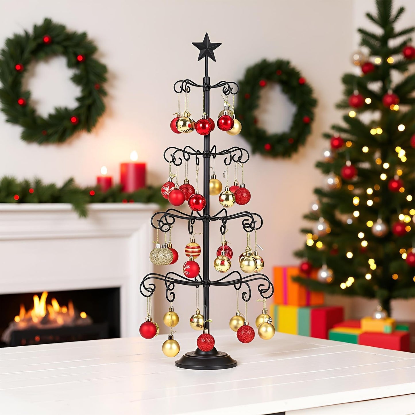 Ironlux Ornament Tree Display Stand, 30 Inch Tabletop Metal Ornament Display Tree , Black Ornaments Hanger Stand, 4 Tier Scroll Tree Rack for Easter Christmas Ornaments Displays