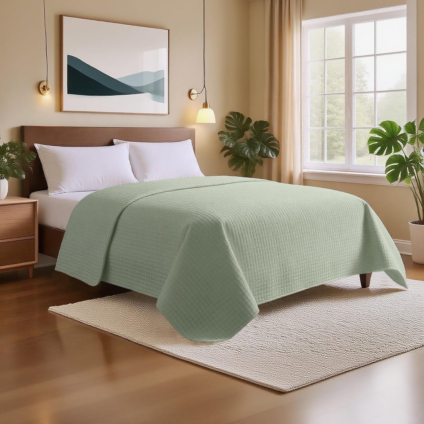 HollyHOME Luxury Checkered Super Soft Solid Single Pinsonic Quilted Bed Quilt Bedspread Bed Cover 102"x96", Sage Light Green, King