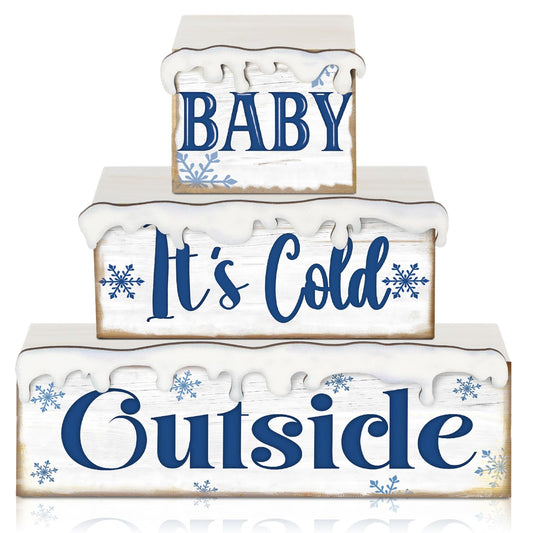 Huquary 3 Pcs Winter Let It Snow Tiered Tray Decor Table Sign Winter Theme Wood Decorations Centerpiece Decor for Party Gift Desk(Snow Style)