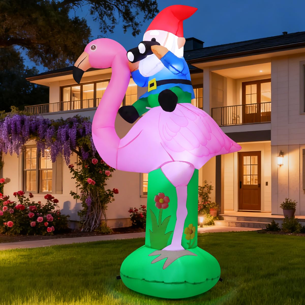 GOOSH 6 FT Spring Summer Inflatable Flamingo Outdoor Decoration Blow Up Yard with Gnomes Built-in LEDs for Indoor Hawaiian Party Garden Lawn Decor