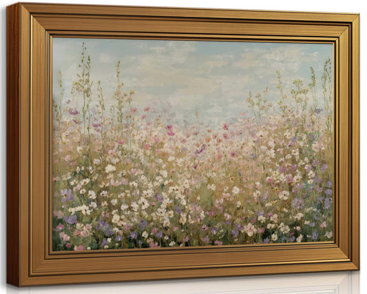 Gold Framed Vintage Wall Art Floral Countryside Landscape Wildflowe Painting Picture Wall Decor Pastel Floral Landscape Poster Print Artwork for Living Room Bedroom Bathroom Office Home Decoration