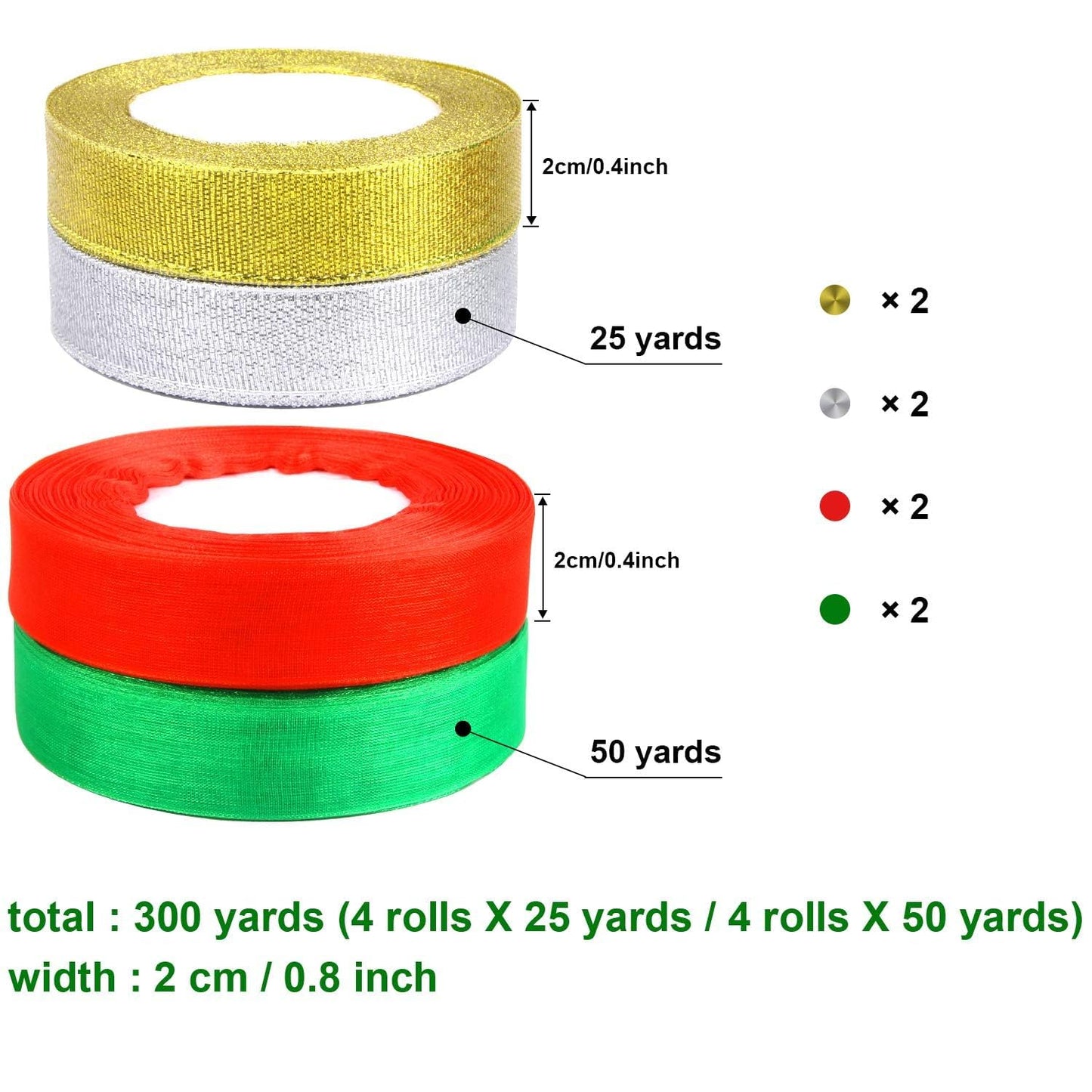 DECYOOL 4 Rolls 150 Yards Christmas Ribbons Metallic Glitter Fabric Organza Holiday Festival Ribbons 4/5" Wide for Gift Wrapping Decoration