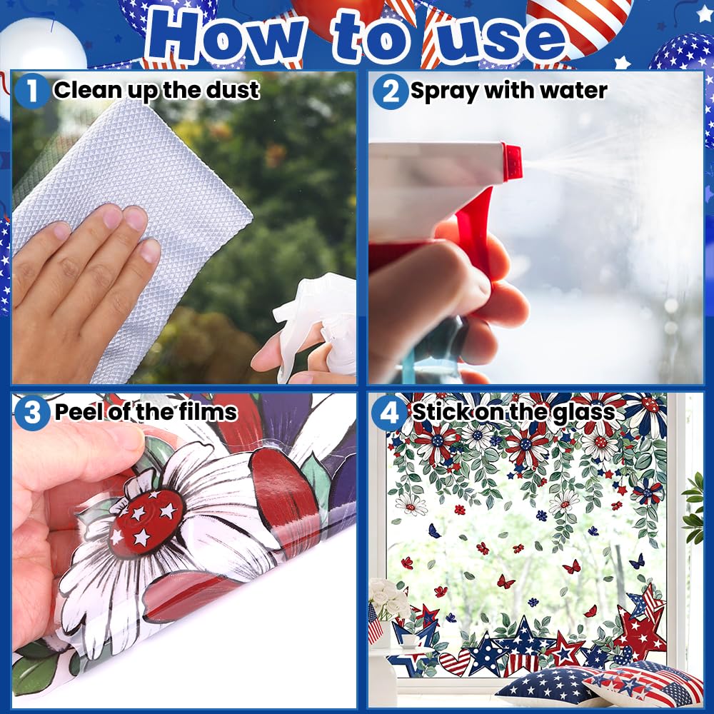 JOICEE 8 Sheets Patriotic Window Clings,4th of July Window Stickers Red White Blue Star Flower Butterfly Hanging Vine Floral Window Decals for Independence Day Home School Office Holiday Decoration