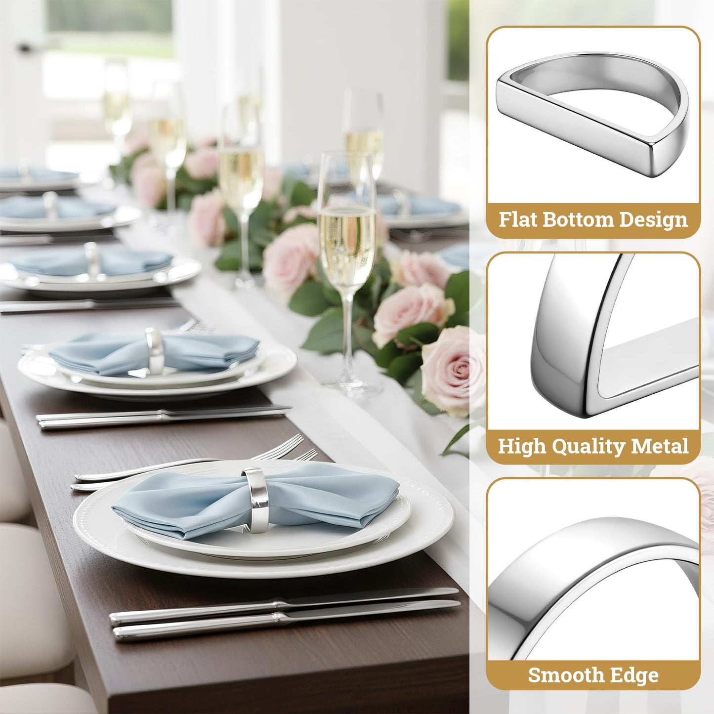 Suream Set of 12 Napkin Holders Buckles, Metal Napkin Rings for Dinning, Table, Party, Events, Thanksgiving Christmas Table Decor(Bright Silver Semicircle)