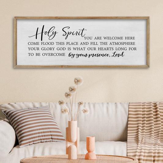 FZMHASLWW Holy Spirit You are Welcome Here Wall Decor 32"×12" Inspirational Quote Christian Bible Verse Sign Vintage Holy Catholic Scripture Religious Jesus Farmhouse Bedroom Wall Art (Wood)