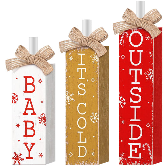 Cinnvoice 3 Pcs Christmas Table Decorations Winter Tiered Tray Decor Rustic Farmhouse Christmas Wooden Block Sign and Centerpieces for Xmas Winter Home Kitchen Mantel Shelf Decor(It's Cold Outside)