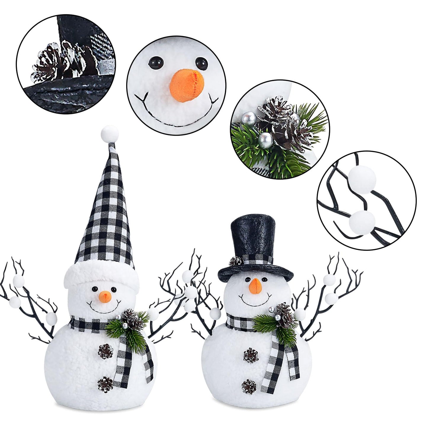 MWDJPXY 2 Pack Black and White Christmas Decor, 14" Lighted Snowmen Tree Buffalo Check Plaid Farmhouse Decorations, Table Centerpieces Rustic Gifts Tiered Tray Decor with for Christmas Party