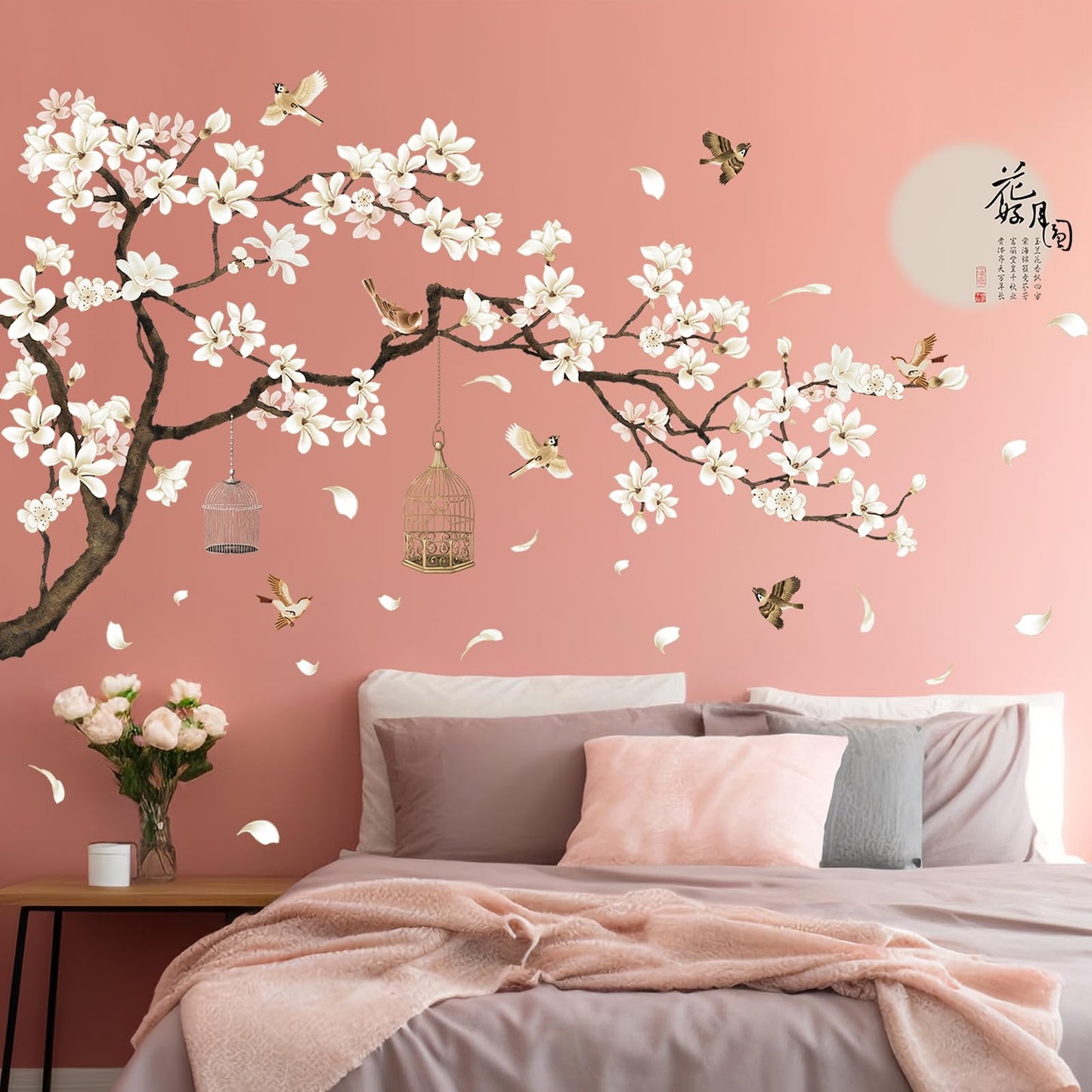 Chinese Style White Flowers Black Tree and Flying Birds Wall Stickers Removable DIY Wall Art Decor Decals Murals for Kids Nursery Offices Home Walls Bedroom Study Room Wall Decaoration, 50inchx74inch