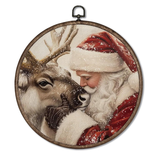 Giosve Winter Christmas Santa Reindeer Round Wall Art Canvas Framed Poster, Vintage Rustic Christmas Santa Reindeer Hanging Wall Sculptures for Home Bedroom Living Room Decor, 10x10 Inch