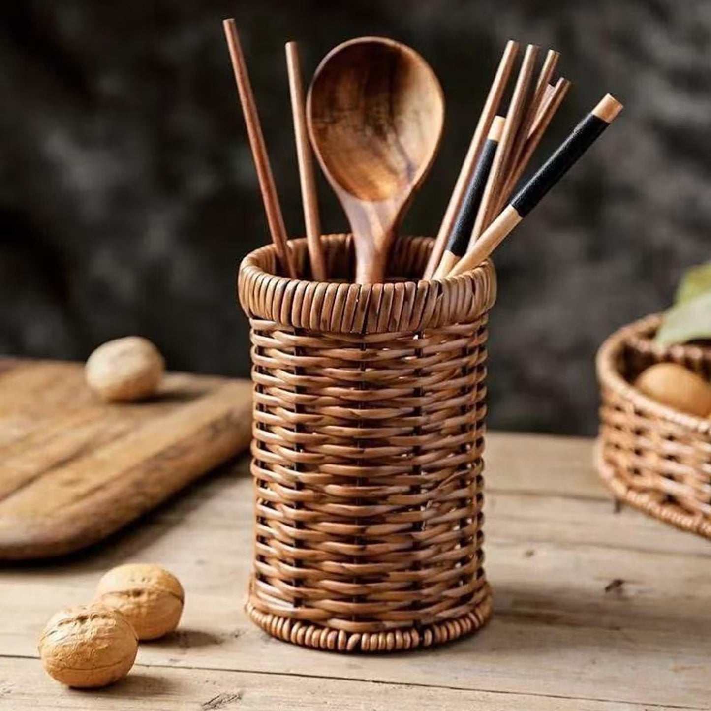 Awbdzl Utensil Holder Spoon Kitchen Counter Decor Wooden/Wicker Utensil Caddy6.1 L x 4" W x 4" H Farmhouse Kitchen Decor