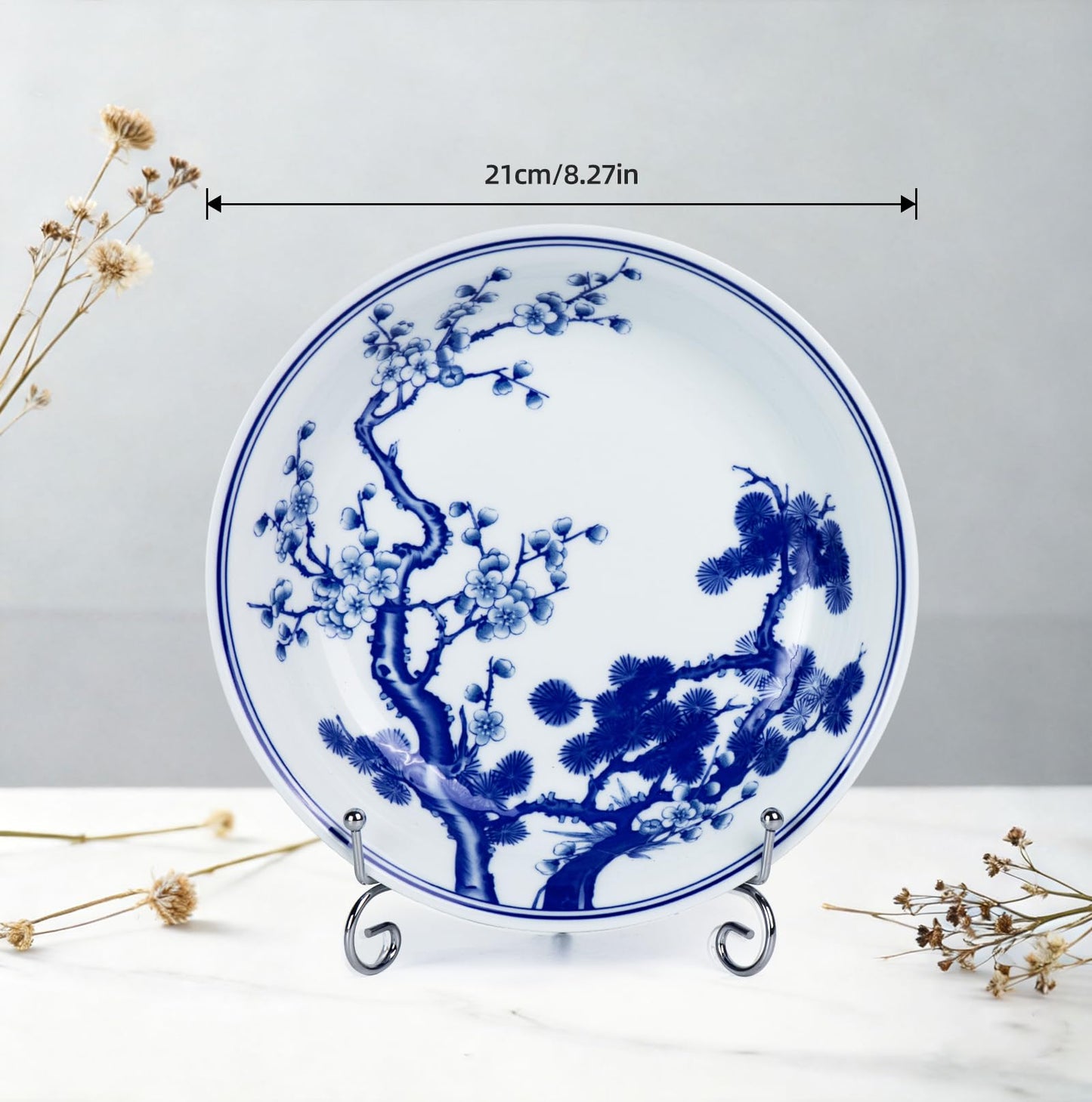 KAMMAK Decorative Plates for Display, White and Blue Ceramic Plate Decor with Stand, Handmade Art Porcelain Ornament for Table, Living Room, Kitchen, Office, Perfect 8in Chinese Style Dish Gift（954N）