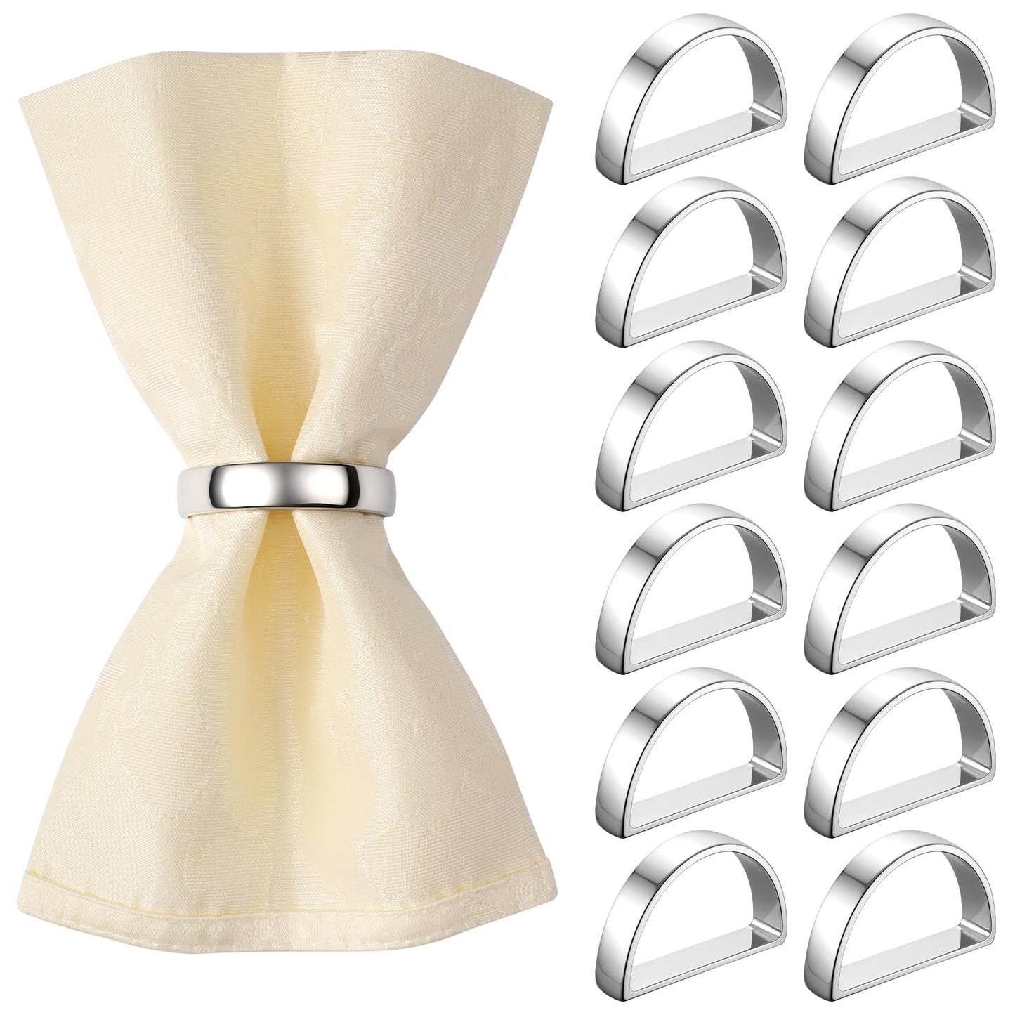 Suream Set of 12 Napkin Holders Buckles, Metal Napkin Rings for Dinning, Table, Party, Events, Thanksgiving Christmas Table Decor(Bright Silver Semicircle)