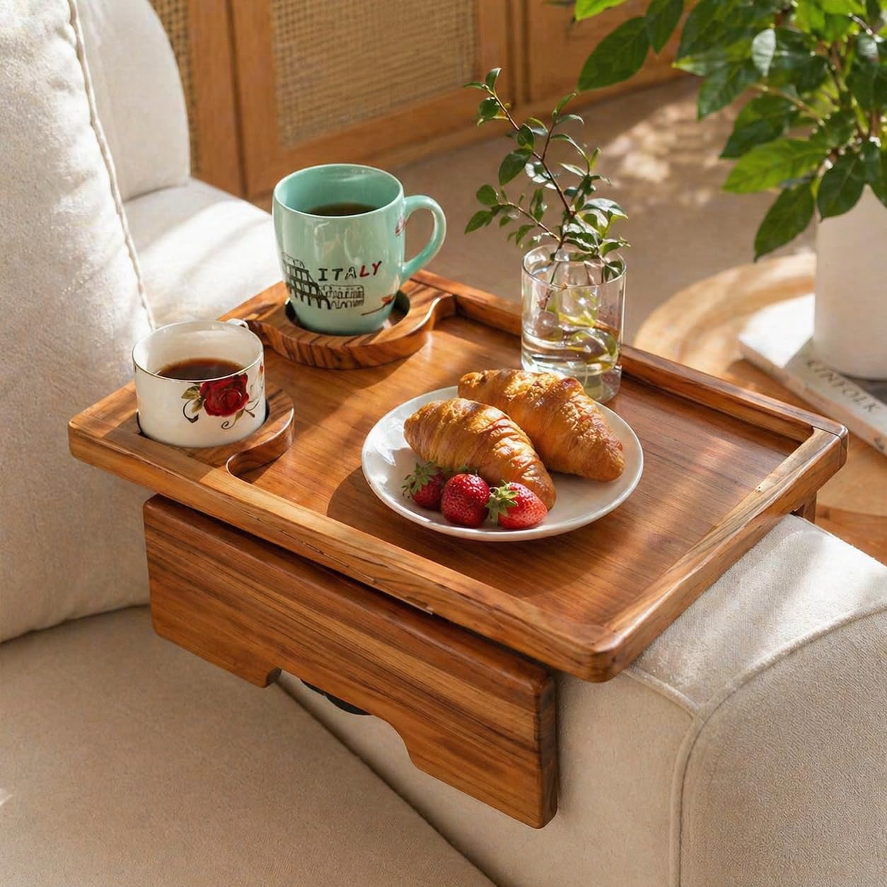 Dynamic-top 15.35" x 10.24" Teak Wood Couch Arm Tray, Sofa Armrest Table with Dual Cup Holders, Clip-on Tray for Wide Couch - Side Table for Eating & Drink, Snack, Phone, Remote