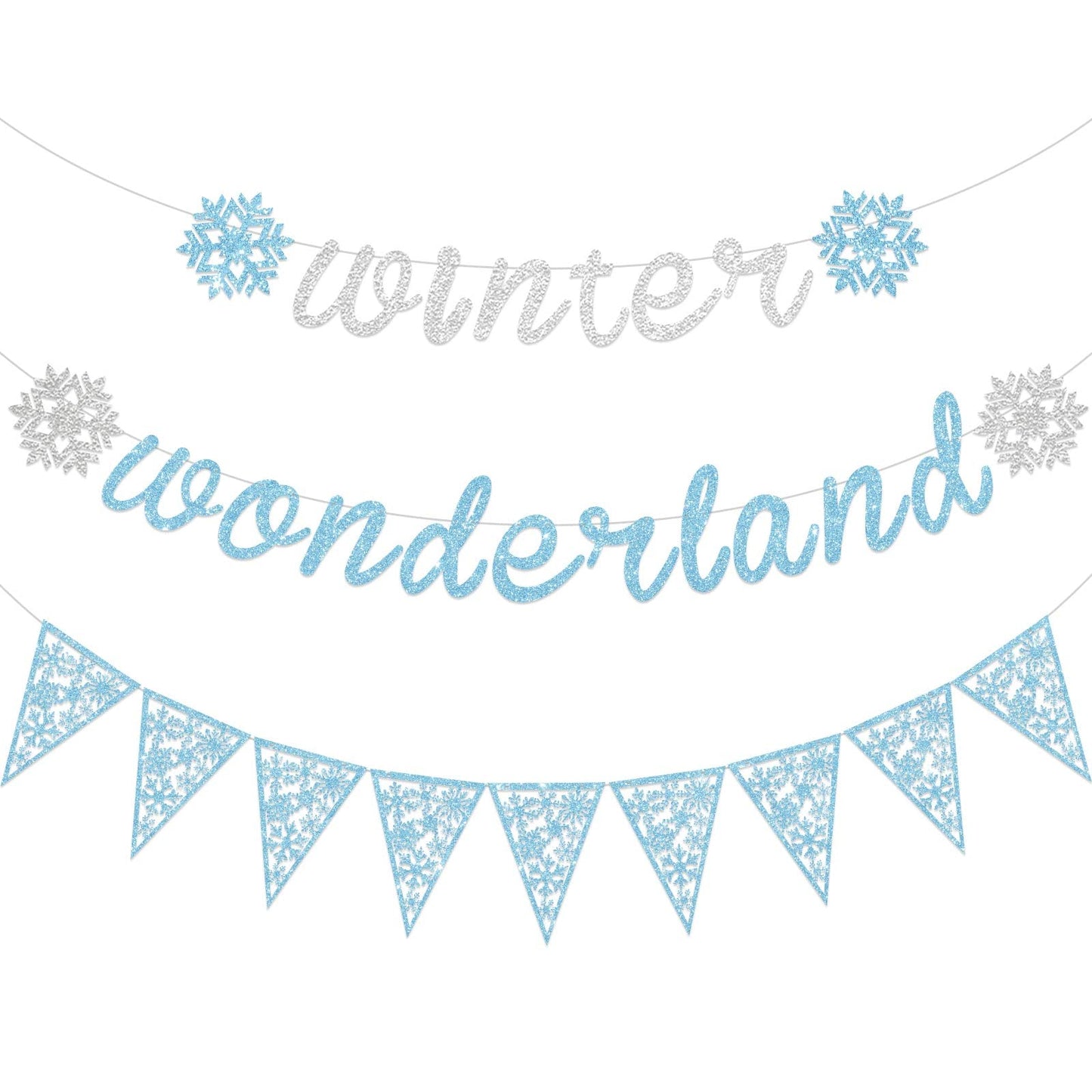 Gersoniel 3 Pack Winter Snowflake Wonderland Banner Snowflake Garland Christmas Hanging Decorations for Winter Christmas New Year Wonderland Party Supplies Home Mantle Office Decorations(Blue, Silver)