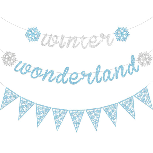 Gersoniel 3 Pack Winter Snowflake Wonderland Banner Snowflake Garland Christmas Hanging Decorations for Winter Christmas New Year Wonderland Party Supplies Home Mantle Office Decorations(Blue, Silver)