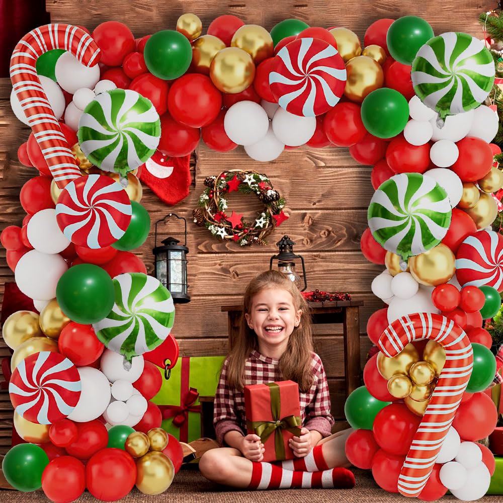Christmas Decorations Balloons Arch Kit - 126 PCS Red Green White Gold Confetti Xmas Foil Balloons Candy Cane Balloon Garland Arch Kit for Xmas Christmas Decorations Holiday New Year Party Supplies