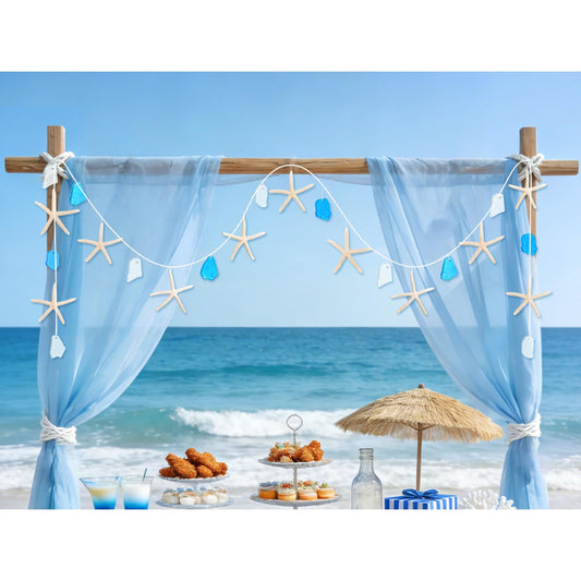 Starfish Sea Glass Garland 6.56ft, Natural Starfish & Frosted Sea Glass Beach Wedding Decor, Coastal Wall Art for Living Room Bathroom, Indoor Outdoor Home Decor, Mermaid Under The Sea Party Decor