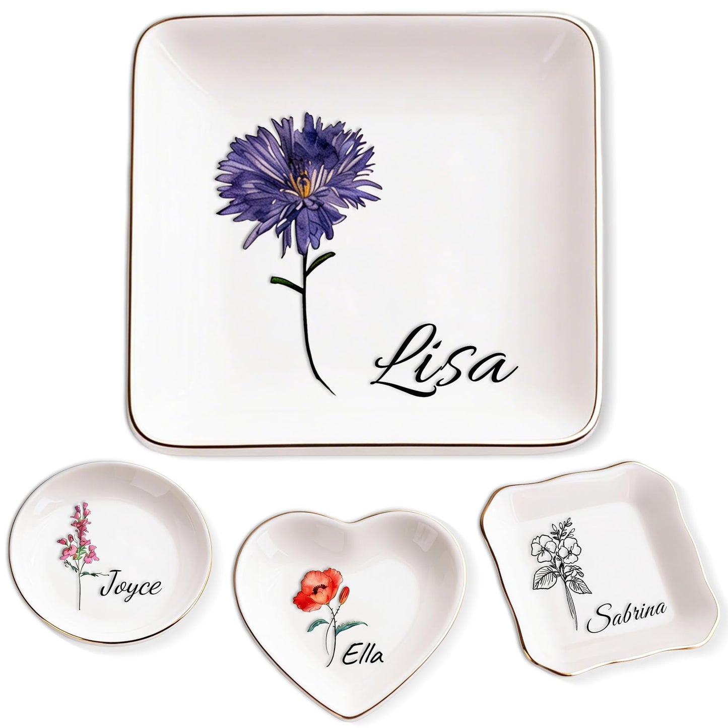 Personalized Ceramic Ring Dish, Personalized Birth Flower Jewelry Dish for Women, Personalized Besties Photo Ring Dish, Custom Jewelry Dish Gift for Besties, Anniversary Birthday Wedding Gifts (A)