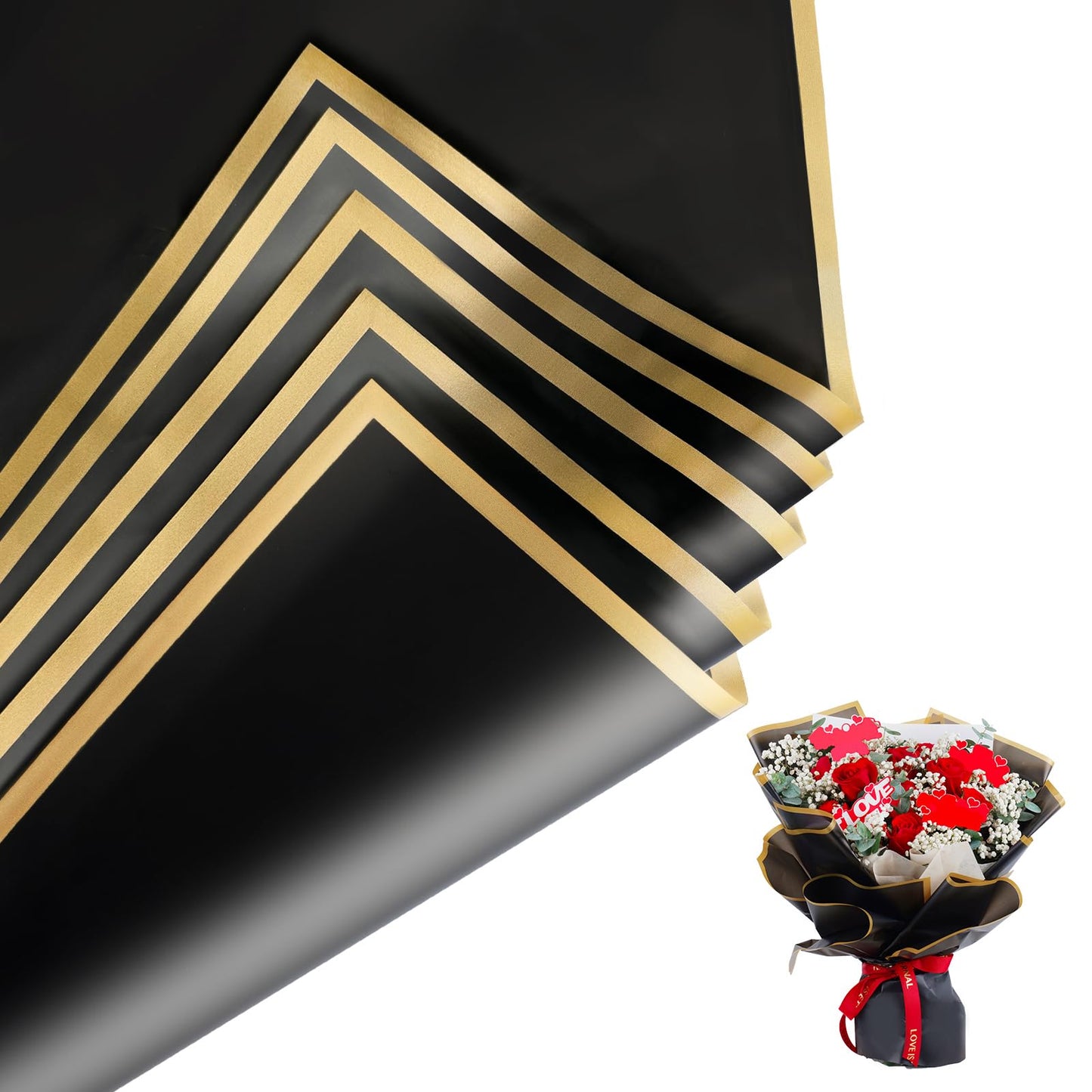 Duyasurs 20 Sheets Floral Wrapping Paper, Waterproof Bouquet Wrapping, 22.8x22.8IN, Florist Supplies Packaging Paper, DIY Gift Box, Wedding & Birthday Gifts, Gold Edge (Black)