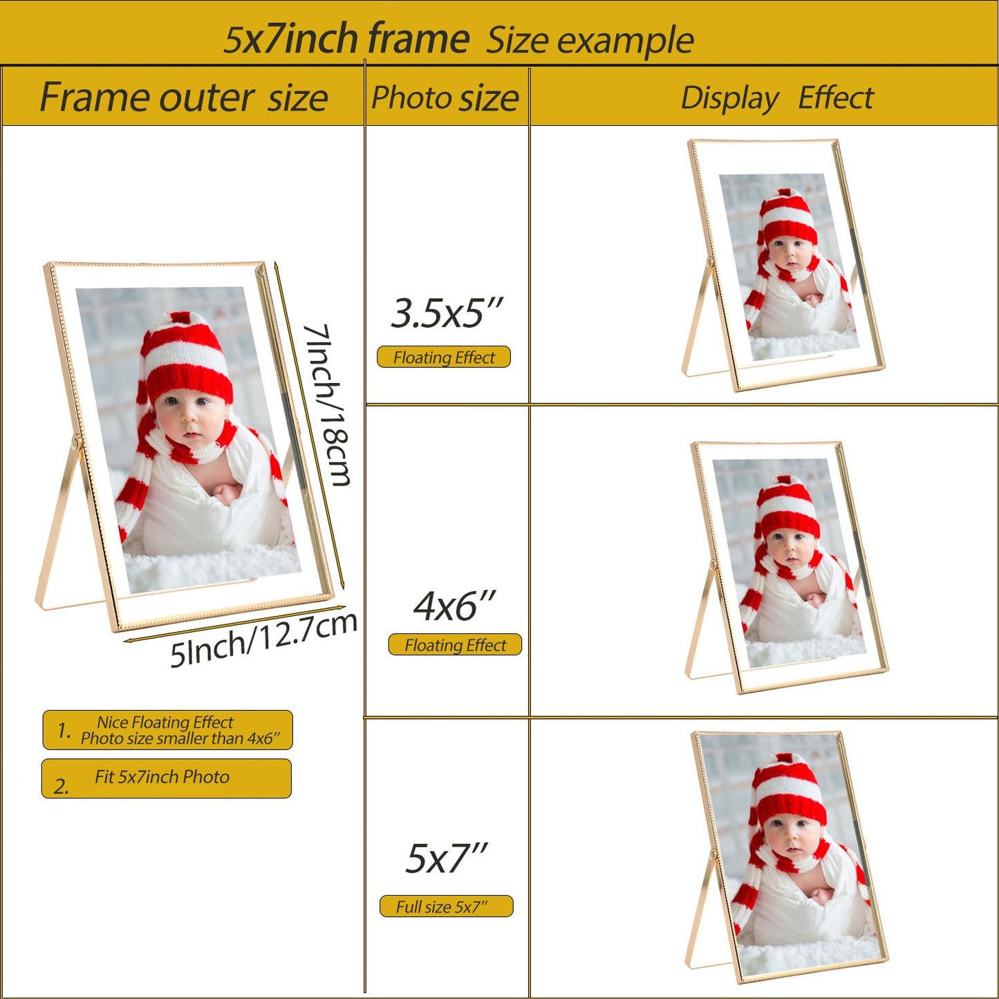 Gold 5x7'' Floating Frame Set of 2, For Photo Sizes (3.5 x5'', 4x 6'' up to 5x7'' ), Beautiful Metal Lace Edge Frames Adjustable Tabletop/Shelf Photo Frame, Classy Gift Choice for Wedding,