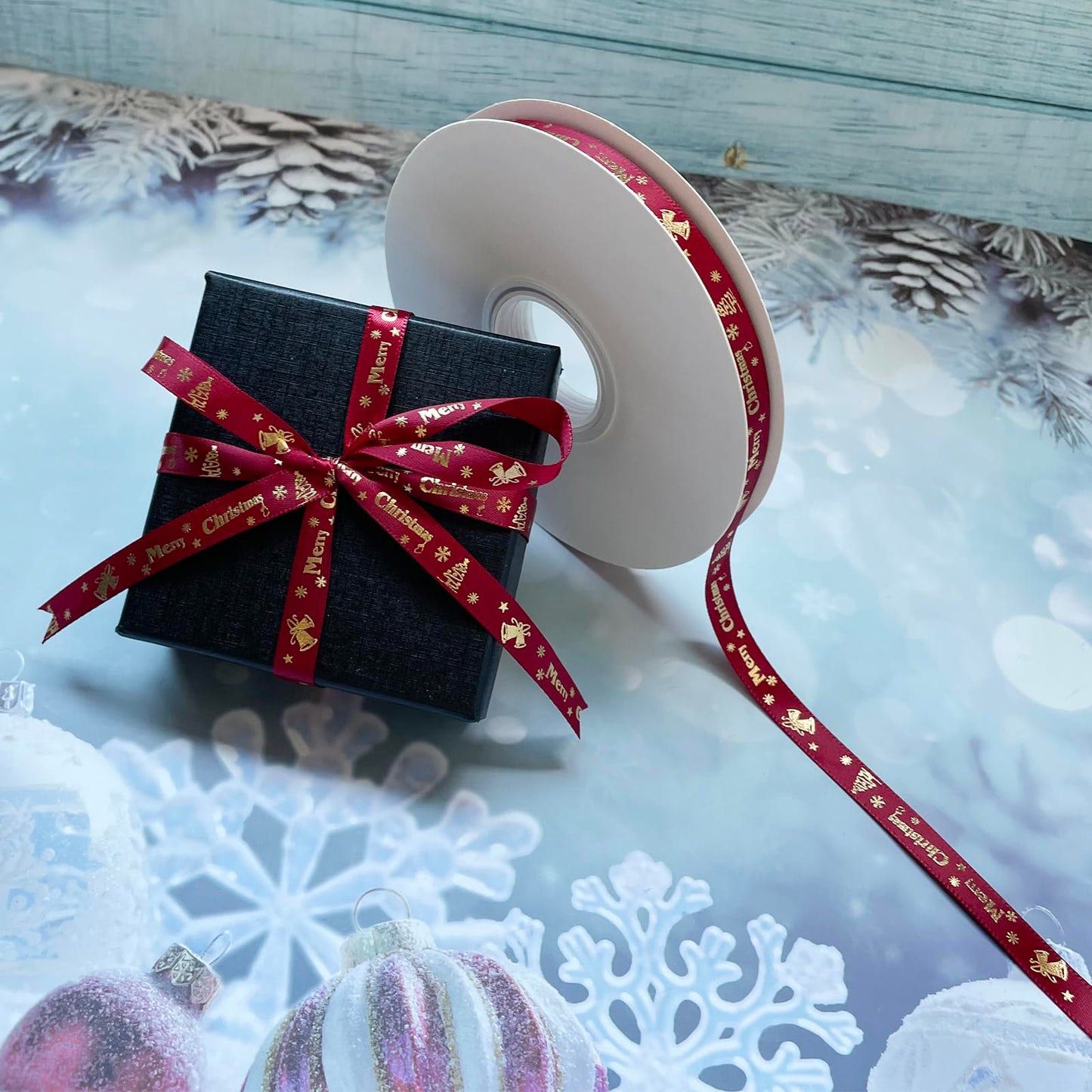 LXKBD 50 Yards Merry Christmas Ribbon Christmas Tree Bells Snowflake, 3/8 inch Wide Satin Ribbons for Festival Holiday Party Decoration Gift Wrapping Crafts (Wine Red)