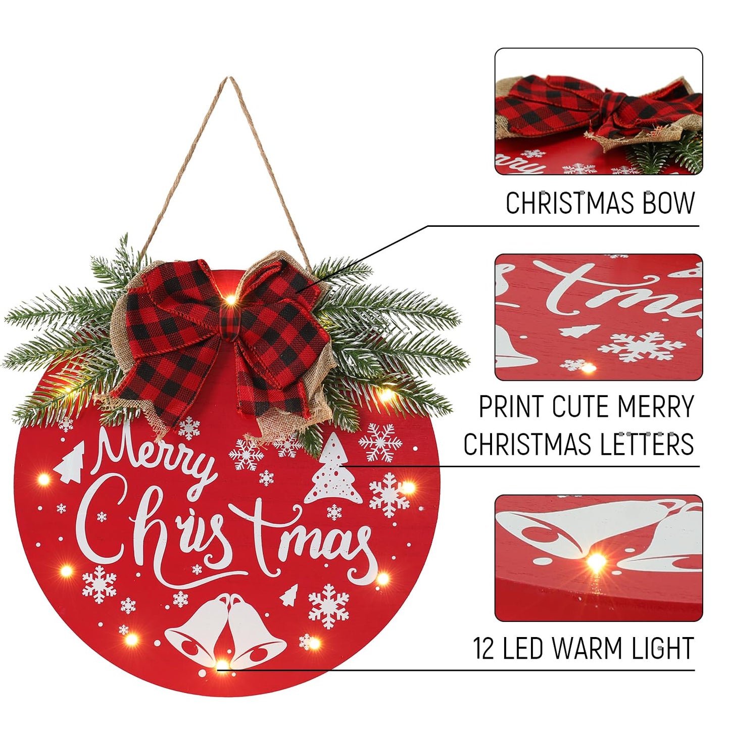 HOMCDALY Merry Christmas Welcome Sign for Front Door, Red X-mas Sign with Light, Holiday Door Decoration Wooden Hanging Sign, Christmas Decoration, Wall Art, Wall Decor(Red)