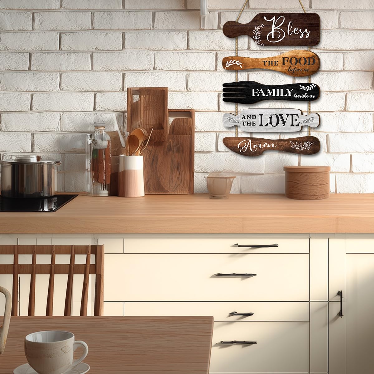 Dazzlewall 5Pcs Kitchen Wall Decor, Bless the Food Cookware Shaped Hanging Signs for Farmhouse Kitchen Rustic Wooden Plaques for Country Dinning Room