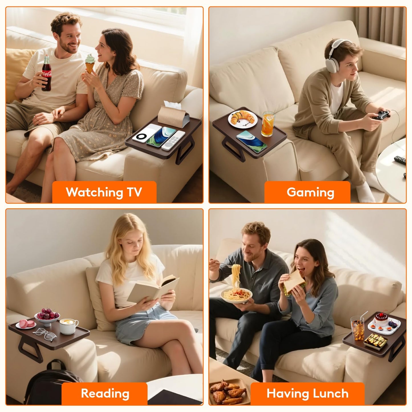 Lifewit Plastic Rotating Couch Armrest Table, Adjustable Sofa Arm Clip Holder Tray for Snack/Fast Food/Fruit/Drink, Large Foldable Stable Sofa Table with Reinforced Clamp, Brown