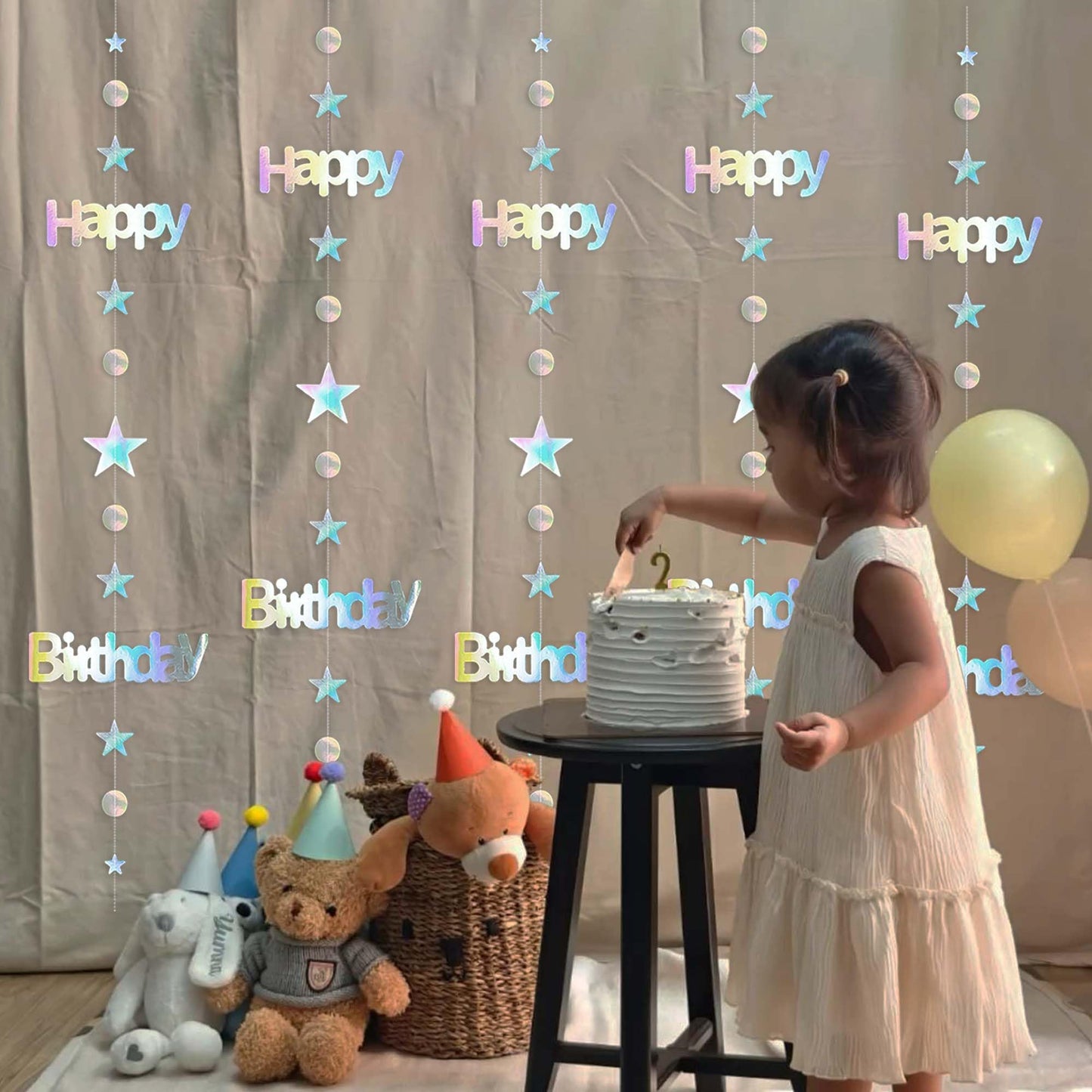 Leekryeton Happy Birthday Banner, Birthday Decorations for Women & Girls, Iridescent Holographic Star Circle Dot Garland Sign, Hanging Streamers Party Decor with Aurora Rainbow Effects