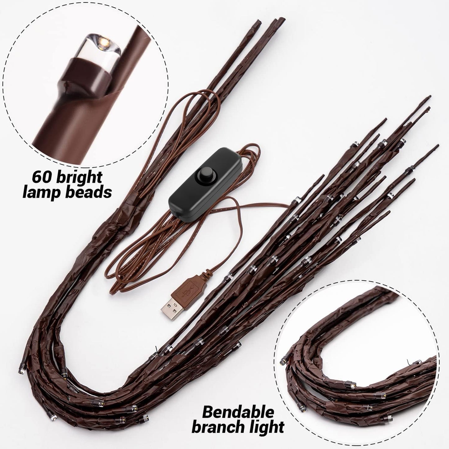 KXCOFTXI 3 Pack Twig Lights, Prelit Branches, USB Plug in Branches Lights with 60 LED Bulbs, Romantic Decorative Iights for Vase, Lighted Tree Branches for Indoor, Plug in Lighted Branches for Party