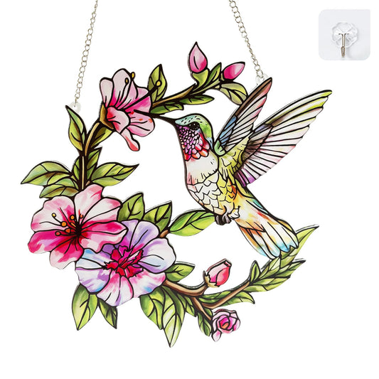 Stained Glass Window Hanging Hummingbird and Flower Suncatcher, Marzovitra 10 Inch Colorful Window Art Bird Sun Catcher for Home Decor, Garden, Patio, Gift for Nature and Bird Lovers