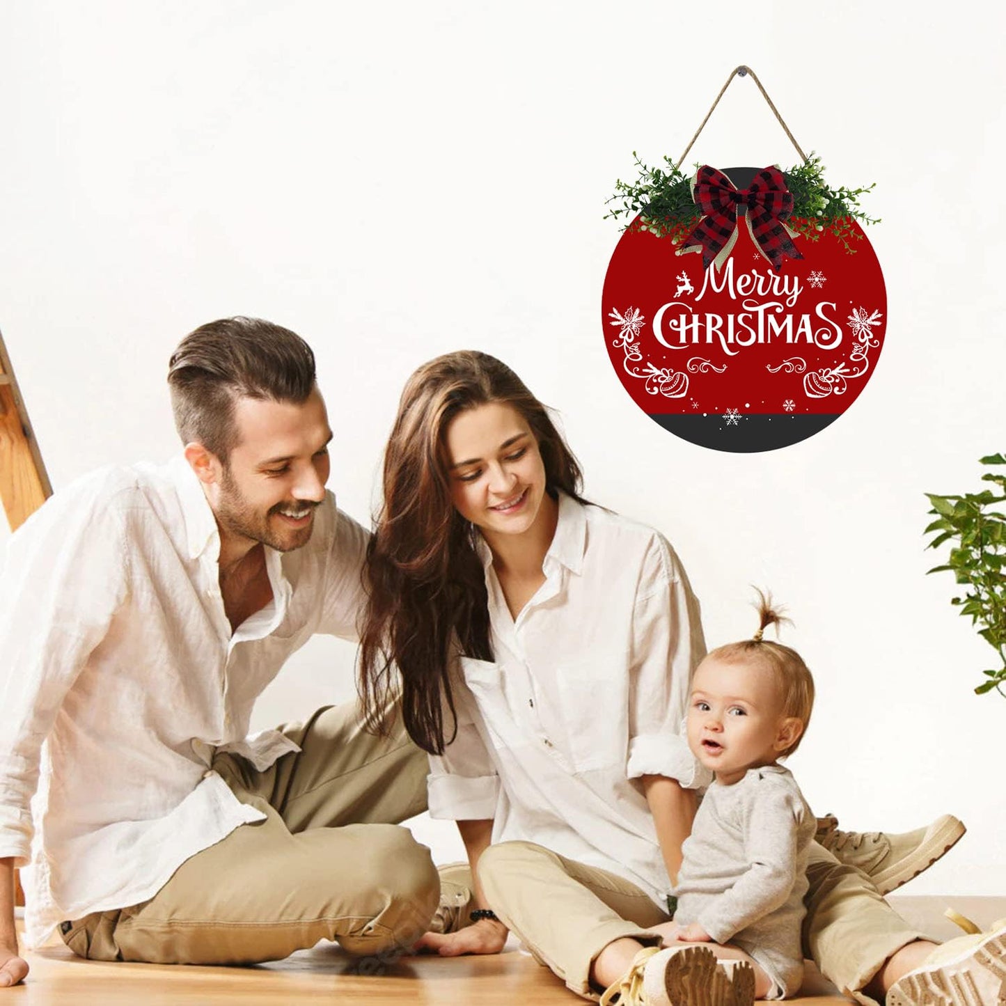 Fenarenes Christmas Welcome Sign for Front Door Decorations Hanging - Christmas Round Wood Sign with Bow for Farmhouse Outdoor Wall Home Decor 12x12 In