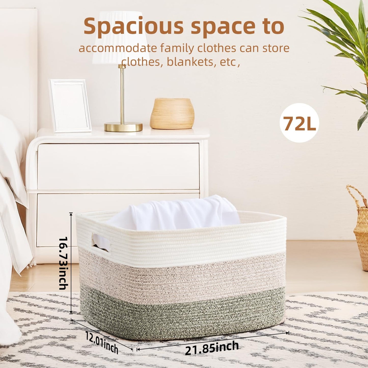 JGNYMG Cotton Rope Basket,Large Blanket Basket for Living Room,Woven cotton rope laundry baskets，For Bathroom Dirty Clothes ，Nursery Toys，pillow storage organization, 72L，Brown and white.