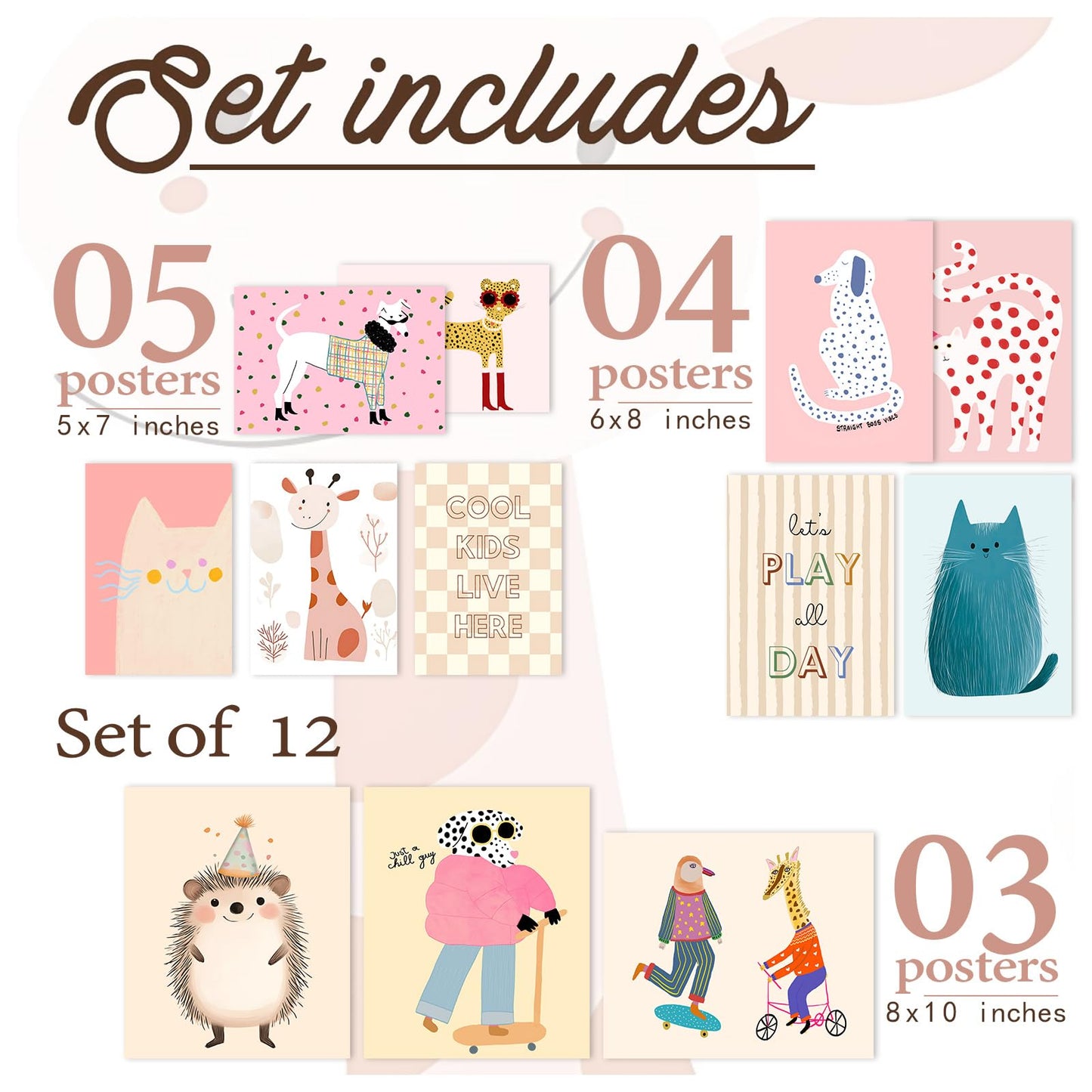 Aroutde 12Pcs Pink Girl Room Decorations Playroom Wall Art, Cartoon Animals Wall Art Funny Cat Dog Giraffe Hedgehog Prints Boys & Girls Kids Toddler Room Bedroom Eclectic Gallery Artwork (Unframed)