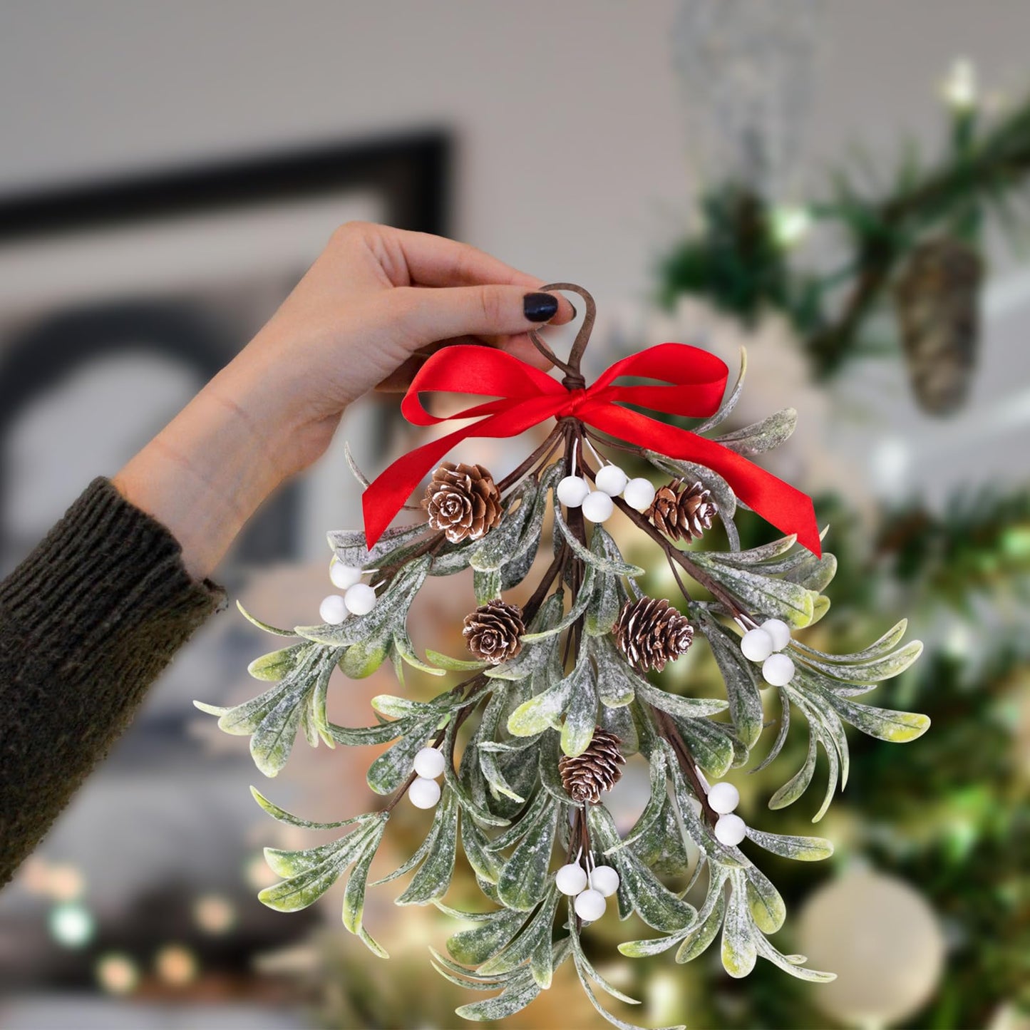 Mntrprko Artificial Christmas Mistletoe Decor 12 Inches Mistletoe Giant Kissing Hanging Bouquet for Xmas Floral Garland Decorations (1, White)