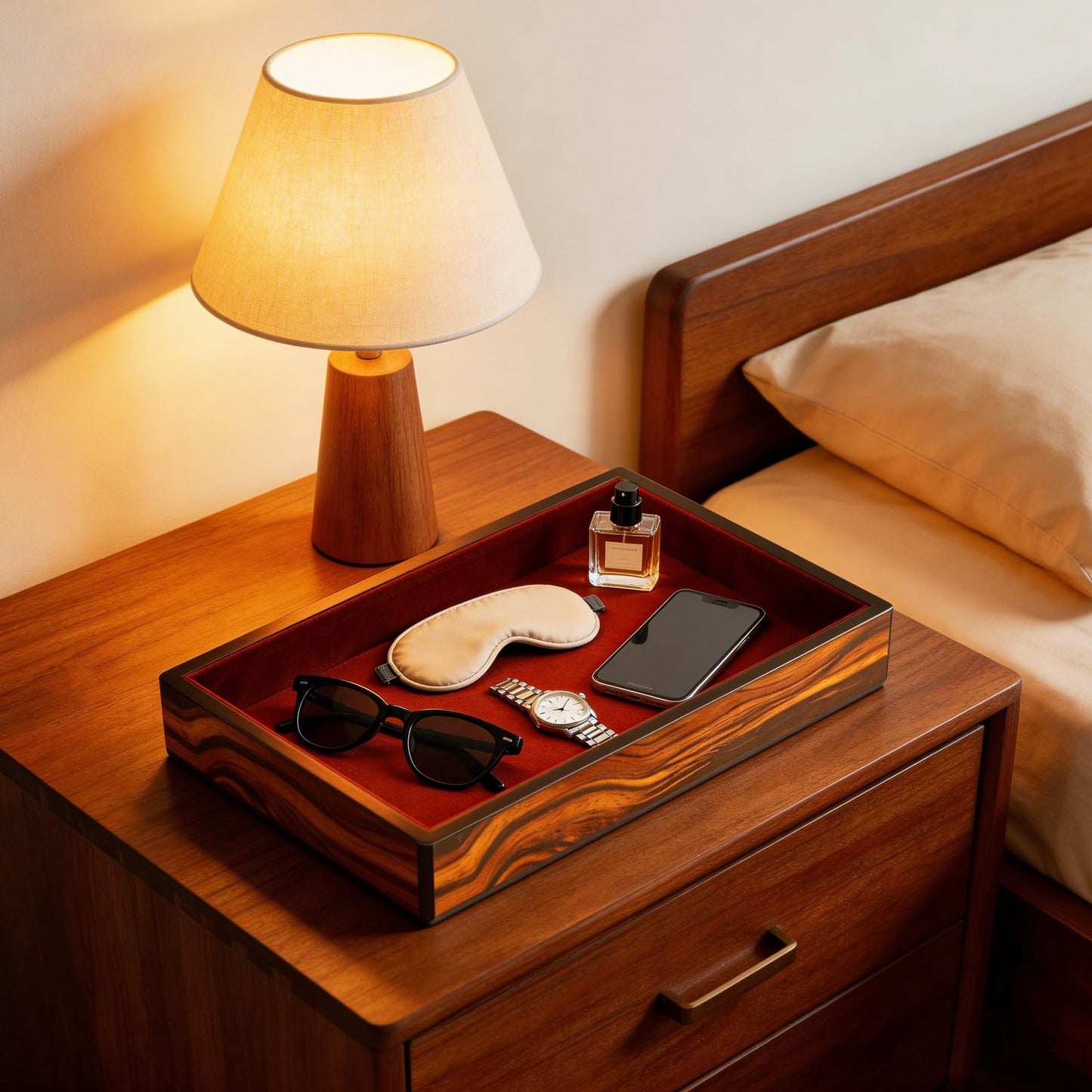 Socospace Wooden Valet Tray with Velvet Lining, EDC Desktop Catchall Organizer, Storage Tray for Jewelry, Wallets, Watches, Keys, Glasses, Perfect for Nightstand, Dresser, Entryway Bedside