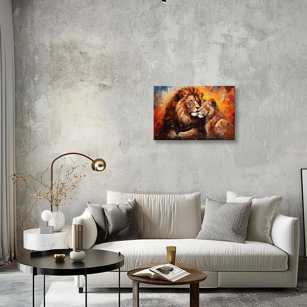 Lnzinro Lion and Lioness Wall Art Framed Pictures Prints Retro Abstract Lion Lioness Wall Art Animal Poster for Room Decor 08x12 inches