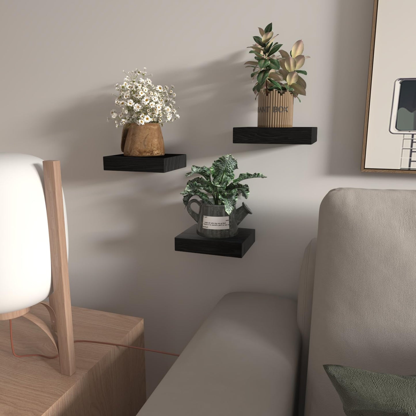 PopiShelves Small Floating Shelves for Wall - 6 Inch Mini Square Black Shelves for Bedroom, Living Room, Bathroom, Kitchen, Office Decor Set of 3