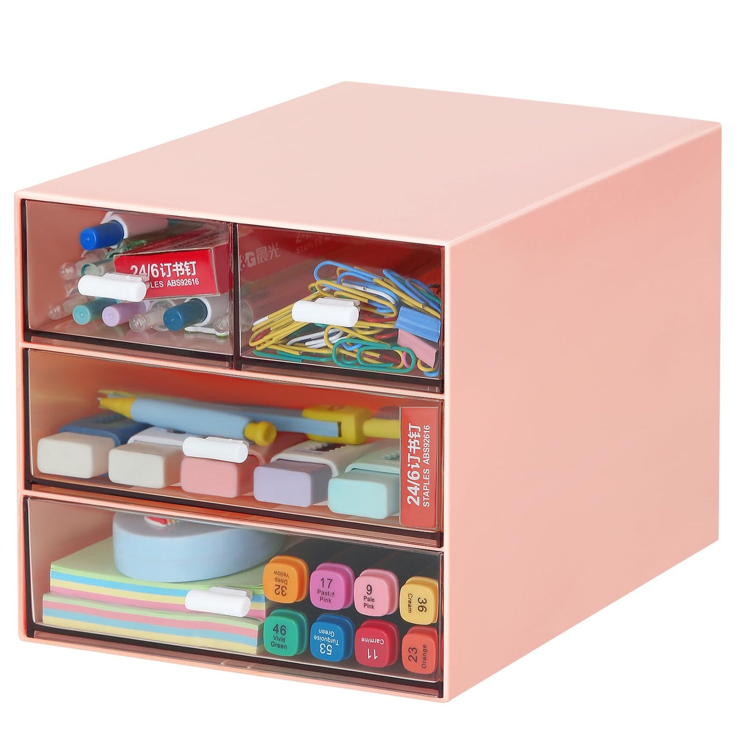 LETURE Desk Organizer with 4 Drawers, Clear Plastic Desk Storage Box, Desktop Organization for Office Supplies, Gel Pens, Pencils, Markers, Tape, Erasers, Paperclips, Chargers (Pink w 4Draws)