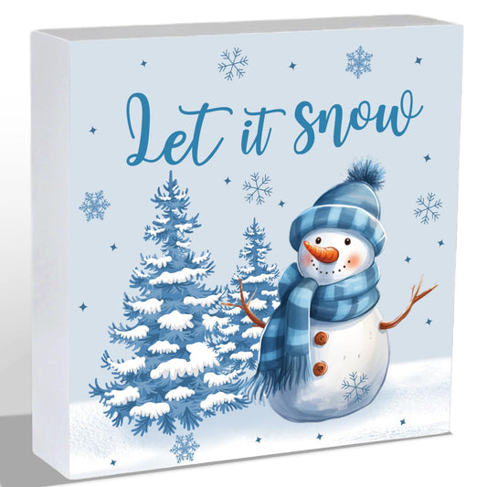 Winter Decorations Indoor Winter Decor Let It Snow Home Room Snowman Tree Office Bathroom Table Wood Box Sign Rustic Wooden Shelf Desk Decor Season Sign House Warming Gifts 5.9 x 5.9 Inch