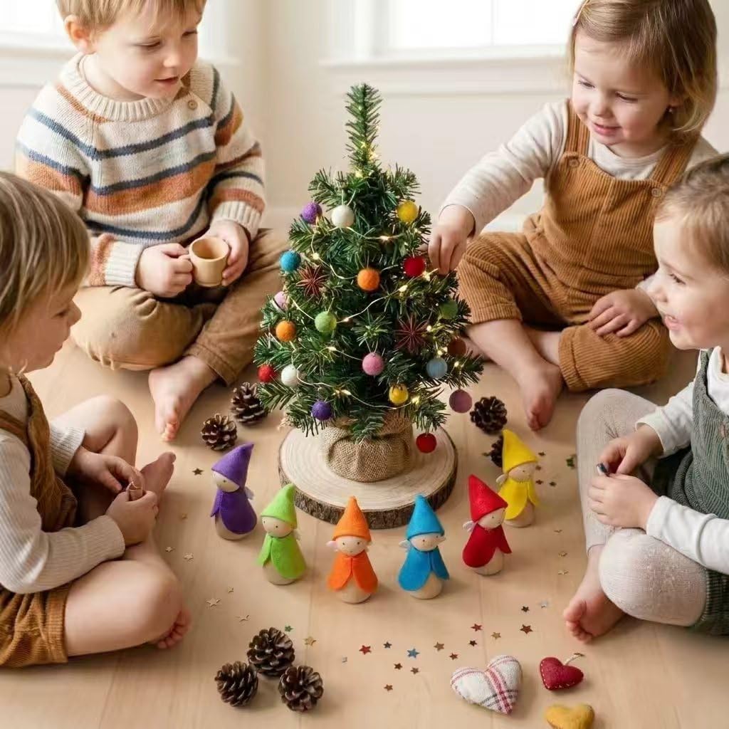 Sing2sky 6 Pcs Wooden Elf Figures, Miniature Dollhouse Accessories for Kids Ages 3+, Cute Wood Gnome Peg Dolls for Small Fairy Garden Decor