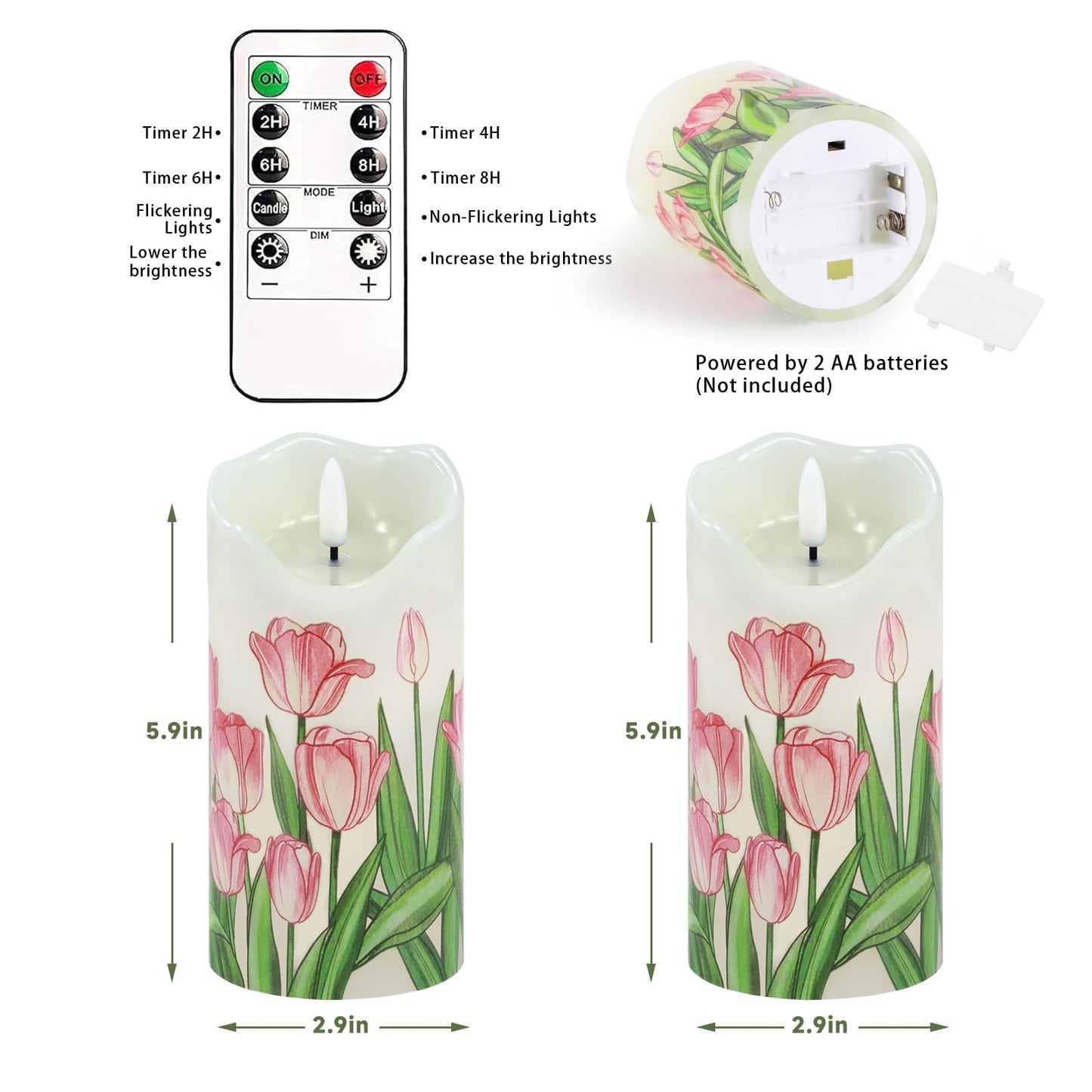 Flameless Candles Set of 2, 6"x3" Flickering Tulip LED Candles with Remote & Timer, Dimmable Real Wax Electric Pillar Candles Battery Operated, Birthday Gift Mother's Day Gift for Mom Women (Tulip)